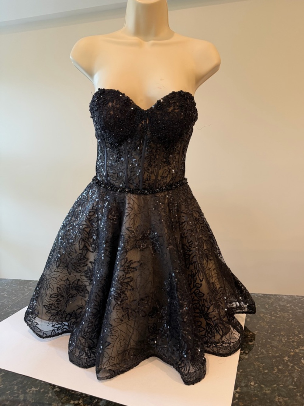 Sherri Hill Black Sequin Lace Mini Dress